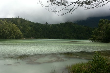 mountain scenery at the Dieng Volcanic Lake on the Dieng plateau, Java, Indonesia の写真素材