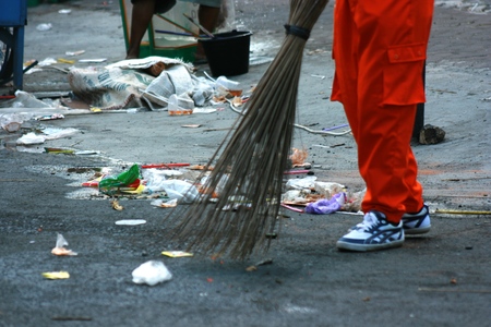 Street Sweeper Sweeping Pavement in Blora, central java, indonesiaのeditorial素材