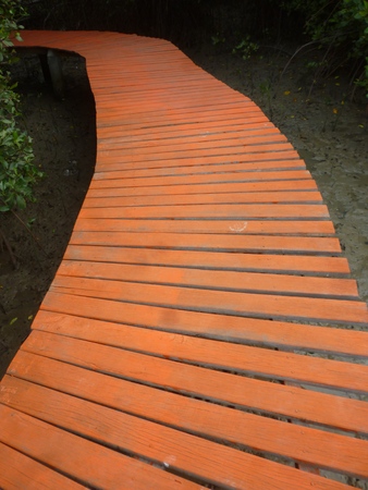 red bridge at Mangrove forest in Indonesia located in Rembang, Central javaの写真素材