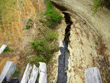 Old suspension bridge, constructed the old castの写真素材