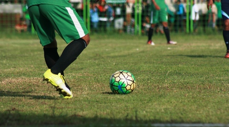 A friendly football match between persikaba blora (Central Java) against Persela Lamongan (East Java) in the sports stadium in Blora, Indonesiaのeditorial素材