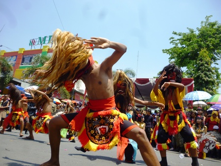 Traditional colorful chinese lion and barongan dance, Indonesiaのeditorial素材