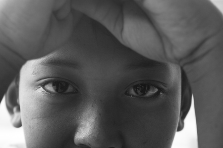 Blora, INDONESIA - APR 8: children in his village (b/w photo) on Apr 8, 2017 in Blora, Indonesia live below the povertyのeditorial素材