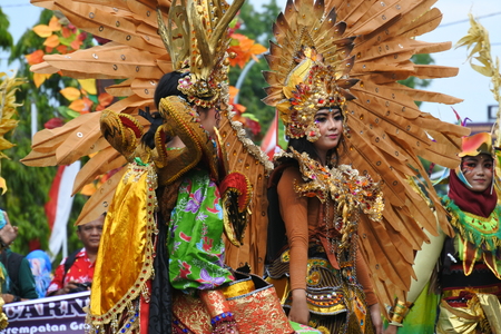 Blora, Indonesia - December 16, 2017: Spectacular Costumes worn by Participants in Blora Batik Carnival, Central Java, Indonesiaのeditorial素材