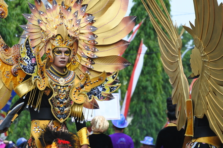 Blora, Indonesia - December 16, 2017: Spectacular Costumes worn by Participants in Blora Batik Carnival, Central Java, Indonesiaのeditorial素材