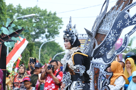 Blora, Indonesia - December 16, 2017: Spectacular Costumes worn by Participants in Blora Batik Carnival, Central Java, Indonesiaのeditorial素材