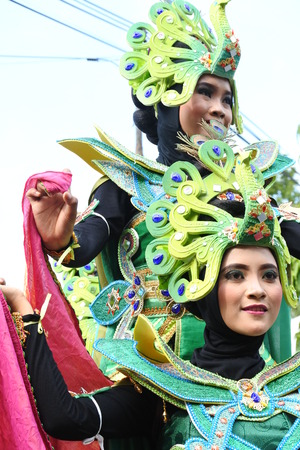 Blora, Indonesia - December 16, 2017: Spectacular Costumes worn by Participants in Blora Batik Carnival, Central Java, Indonesiaのeditorial素材
