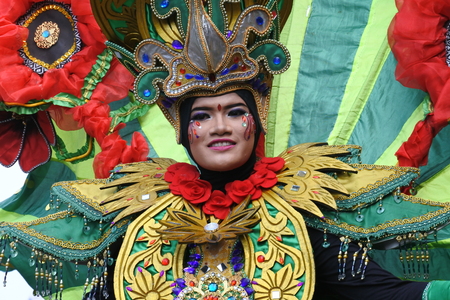 Blora, Indonesia - December 16, 2017: Spectacular Costumes worn by Participants in Blora Batik Carnival, Central Java, Indonesiaのeditorial素材