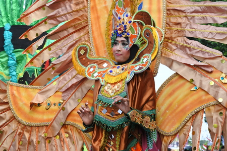 Blora, Indonesia - December 16, 2017: Spectacular Costumes worn by Participants in Blora Batik Carnival, Central Java, Indonesiaのeditorial素材