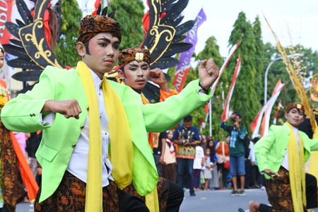 Blora, Indonesia - December 16, 2017: Spectacular Costumes worn by Participants in Blora Batik Carnival, Central Java, Indonesiaのeditorial素材