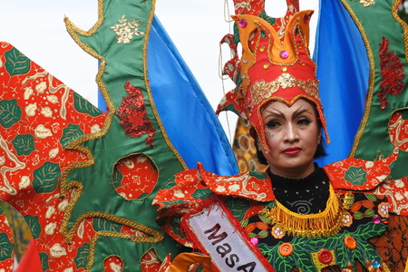 Blora, Indonesia - December 16, 2017: Spectacular Costumes worn by Participants in Blora Batik Carnival, Central Java, Indonesiaのeditorial素材