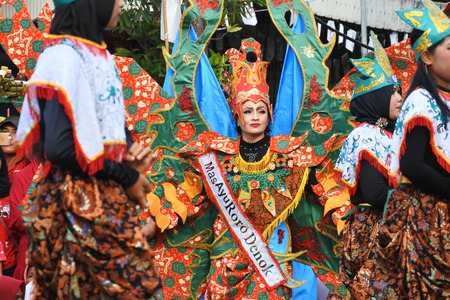 Blora, Indonesia - December 16, 2017: Spectacular Costumes worn by Participants in Blora Batik Carnival, Central Java, Indonesiaのeditorial素材