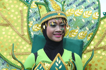 Blora, Indonesia - December 16, 2017: Spectacular Costumes worn by Participants in Blora Batik Carnival, Central Java, Indonesiaのeditorial素材