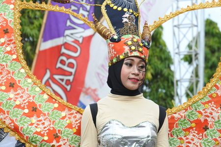 Blora, Indonesia - December 16, 2017: Spectacular Costumes worn by Participants in Blora Batik Carnival, Central Java, Indonesiaのeditorial素材