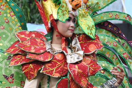 Blora, Indonesia - December 16, 2017: Spectacular Costumes worn by Participants in Blora Batik Carnival, Central Java, Indonesiaのeditorial素材