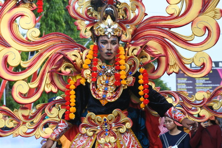 Blora, Indonesia - December 16, 2017: Spectacular Costumes worn by Participants in Blora Batik Carnival, Central Java, Indonesiaのeditorial素材