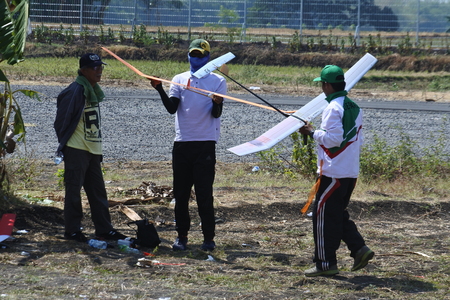 freefly aeromodeling hobbyists at the contest at Ngloram Airport, Cepu, central Java, Indonesiaのeditorial素材