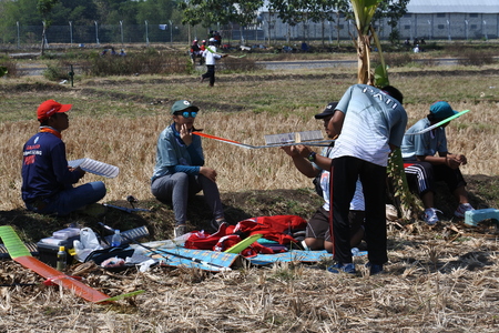 freefly aeromodeling hobbyists at the contest at Ngloram Airport, Cepu, central Java, Indonesiaのeditorial素材