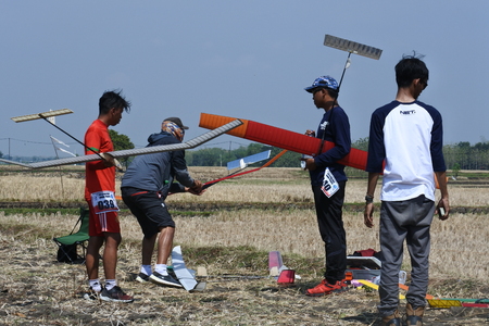 freefly aeromodeling hobbyists at the contest at Ngloram Airport, Cepu, central Java, Indonesiaのeditorial素材