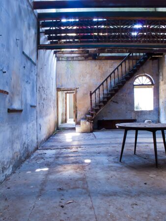 An abandoned room in an old building.