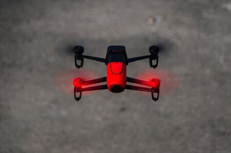 Bangkok, Thailand, 18 April 2015: Overhead view of the Parrot Bebop quadcopter drone.