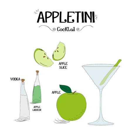 how to make an apple cocktail set with ingredients for restaurants and bar business vector illustrationのイラスト素材