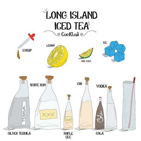 how to make a long island iced tea cocktail set with ingredients for restaurants and bar business vector illustrationのイラスト素材