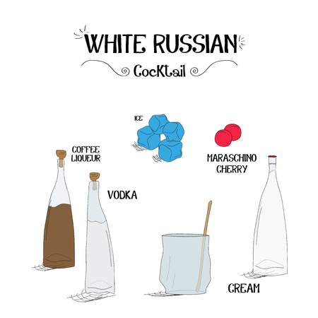 how to make a white Russian cocktail set with ingredients for restaurants and bar business vector illustrationのイラスト素材