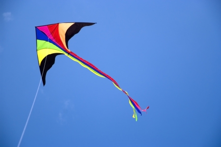 The multi-colored kite flies in the blue skyの写真素材
