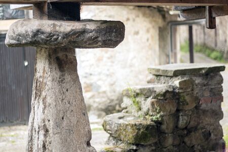 a detail of the colum pegollo and stairs of a traditional asturian architecture horreoの写真素材