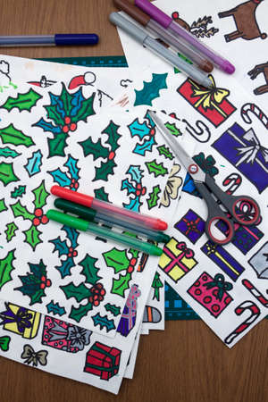 a vertical overhead view of the drawings of some xmas decorationsの写真素材