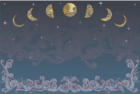 Curly wave pattern borders a night sky and moon phasesのイラスト素材
