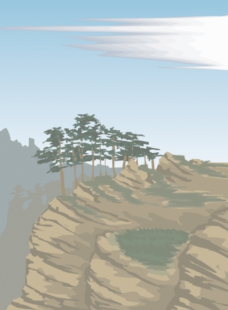 view of trees on a hill and a mountainのイラスト素材