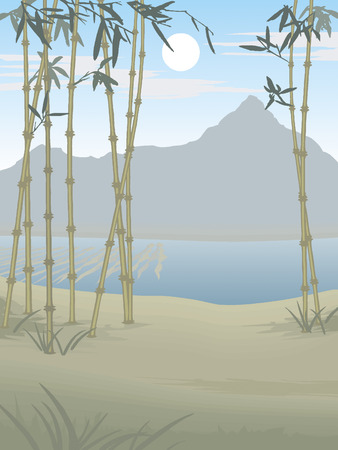 landscape hill river with shade treesのイラスト素材