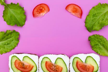 Fresh summer sandwiches with cucumber and potato, green salad, pink background with copy space.の写真素材