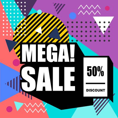 Big sale abstract memphis style web banner. Fashion and travel discount poster.  Vector holiday Abstract colorful illustration with special offer and promotion.のイラスト素材