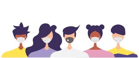 Humans with protective masks flat illustrations set. Group of humans wearing medical masks to prevent diseaseのイラスト素材