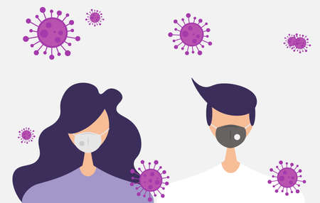 Young male and female character with protective mask, prevention spread coronavirus covid 19 vector illustrationのイラスト素材