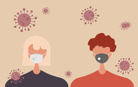 Young male and female character with protective mask, prevention spread coronavirus covid 19 vector illustrationのイラスト素材