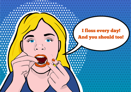 Illustration of a Teenage Girl Flossing Her Teeth in retro comic styleのイラスト素材