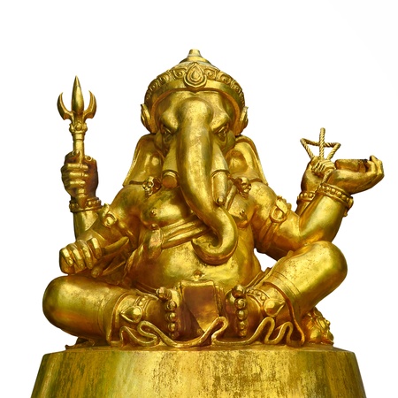 Golden Sculpture Hindu God Ganesha isolated on white backgroundの写真素材