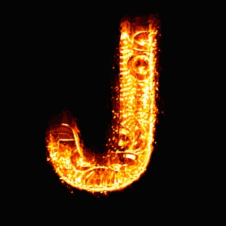 Fire alphabet J on black backgroundの写真素材