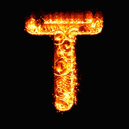 Fire alphabet T on black backgroundの写真素材