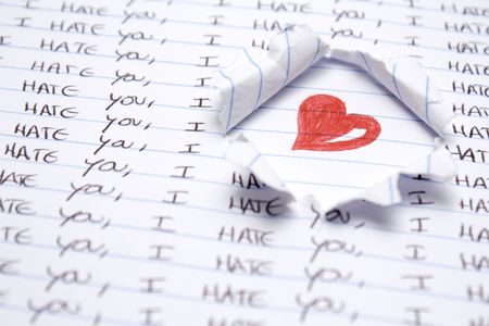Some hand writting saying i hate you. Red heart hand drawingの写真素材