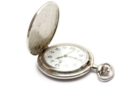 Old silver pocket watch isolated in white backgroundの写真素材