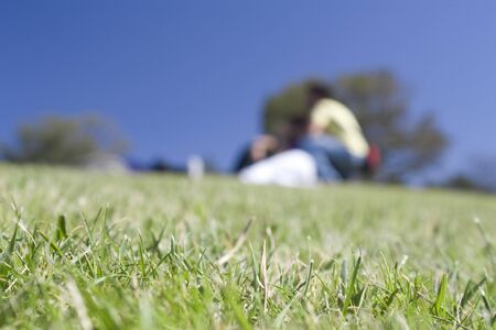 One out of focus group of people playing in the grassの写真素材