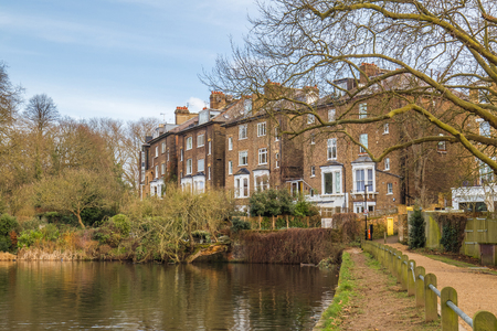 Luxury typical brick british houses with gardens in front of a lake with a fallen tree into the water.の写真素材