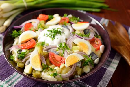 Fish salad with potatoes, eggs, red onion, tomatoes and dressingの写真素材