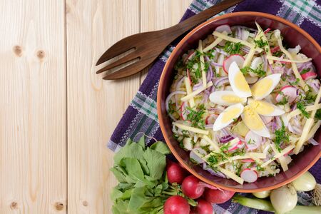 Cauliflower salad with potatoes, hard cheese, eggs, red onion and radishの写真素材