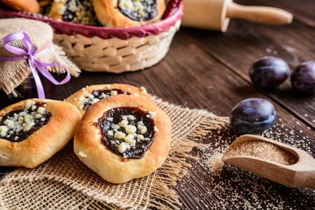 Traditional Moravian pies with plum jam, curd filling and crumbleの写真素材